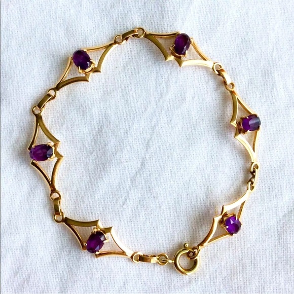 14K GOLD NATURAL UNTREATED AFRICAN AMETHYST VINTAGE LINK BRACELET - Picture 1 of 7